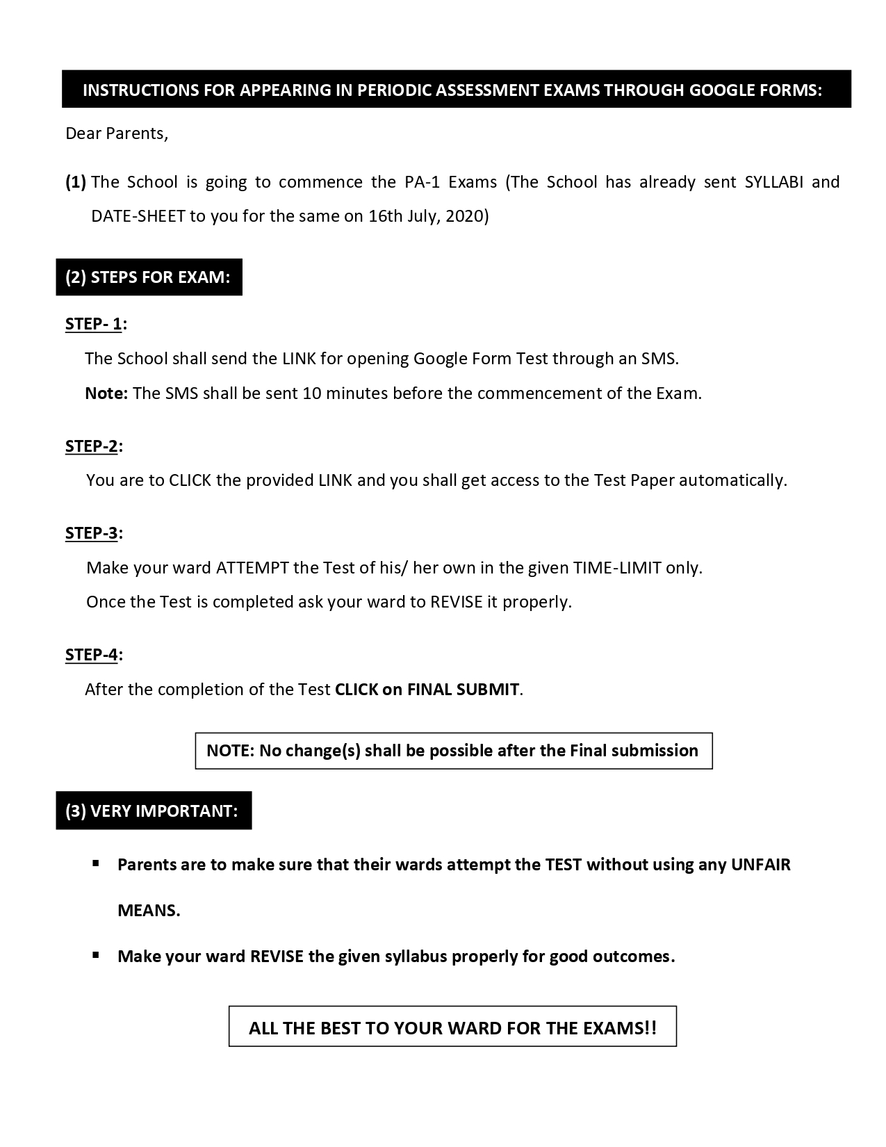 Instruction for appearing in Periodic Assessment Exam through Google Forms